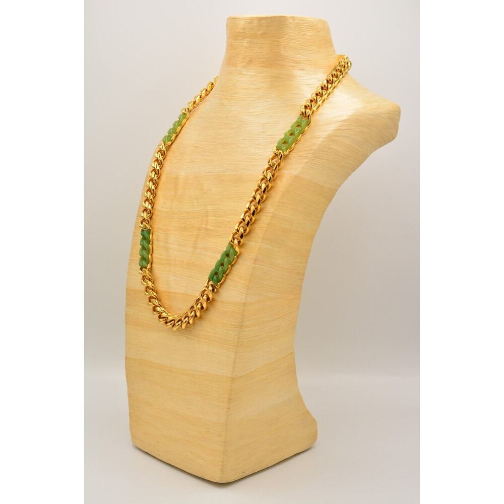 Givenchy Vintage Cuban Chain Necklace Gold Green Cabochon Heavy Signed 70s BinL - Picture 8 of 12